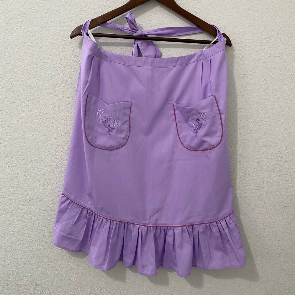 Lavender Floral Embroidered Half Apron Ruffle Waist Tie Cottagecore - Picture 2 of 9
